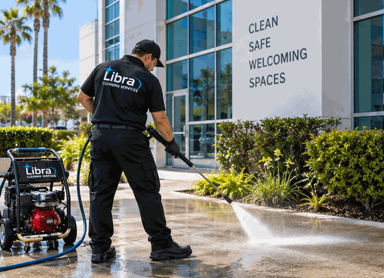 Worker cleaning a walkway beside glass office windows